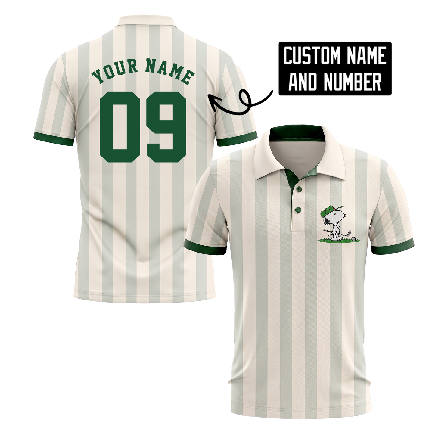 Custom Name Number Polo Shirt, Personalized Men’s Jersey Polo, Cream Green Casual Golf Shirt, Birthday Team Gift