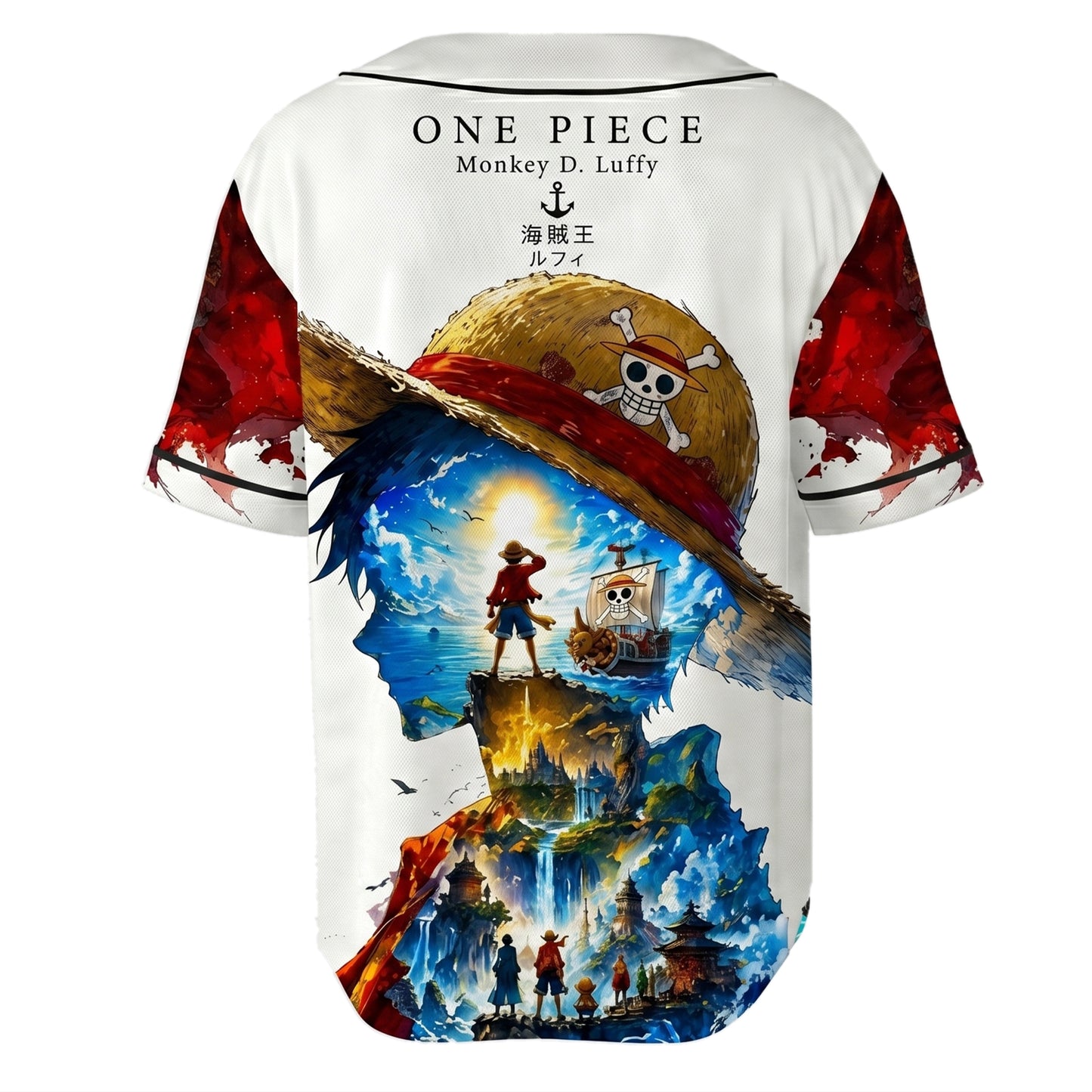 Red Blue Authentic Baseball Jersey, Anime Pirate Inspired Button Up Jersey, Manga Fan Cosplay Sports Shirt