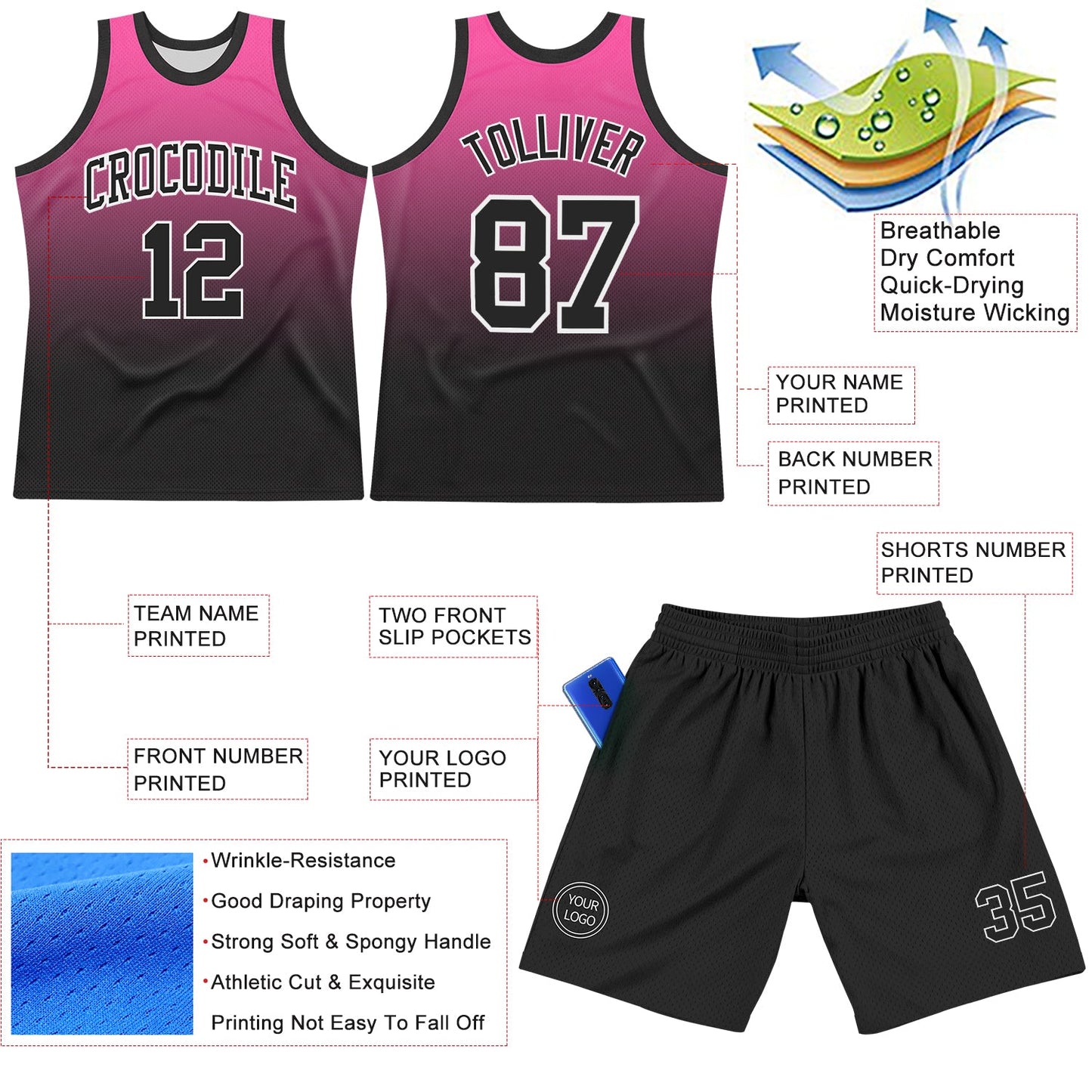 Custom Pink Black-White Fade Fashion Round Neck Sublimation Basketball Set Jersey