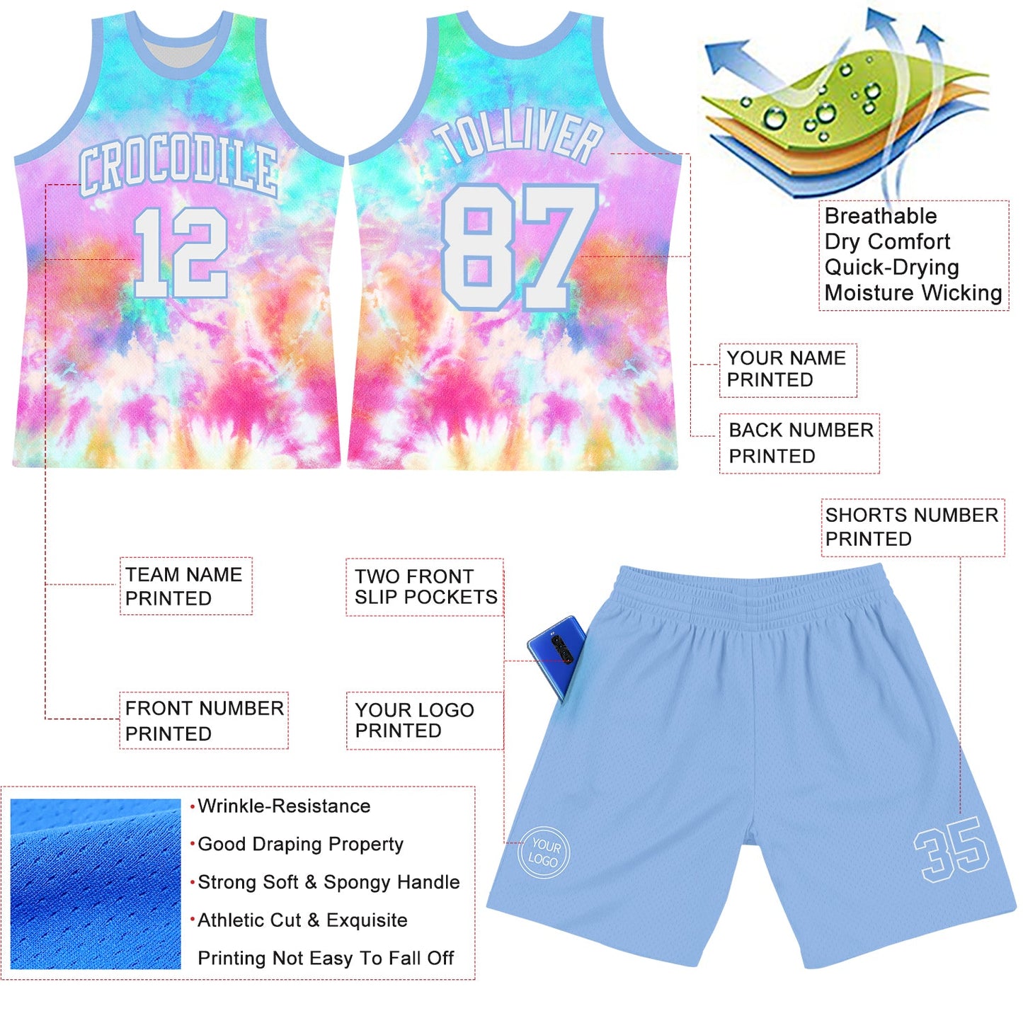 Custom Tie Dye White-Light Blue Round Neck Sublimation Basketball Set Jersey