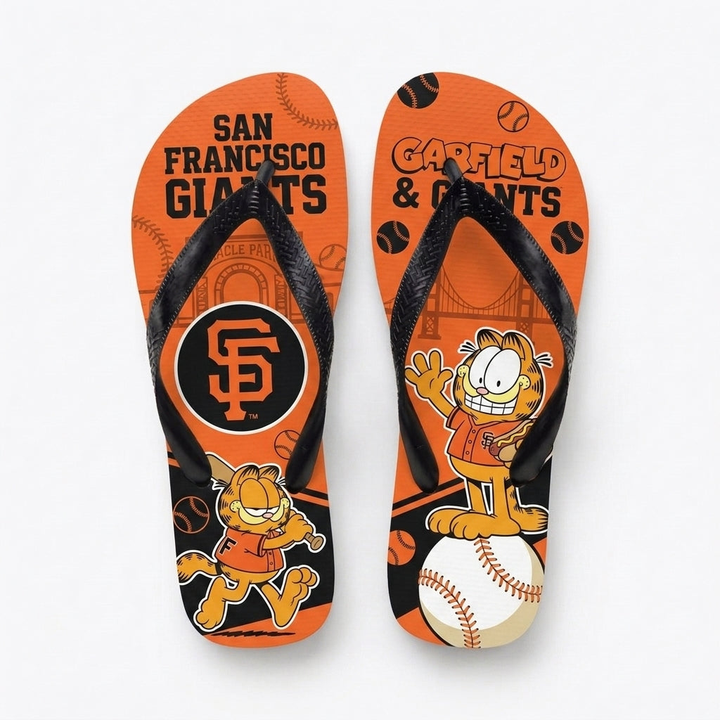 Cartoon Orange Cat Baseball Flip Flops, Sport Fan Sandals | 30 Teams Available