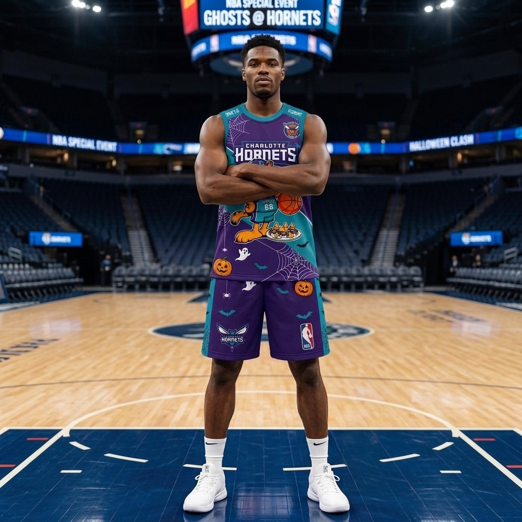 Halloween Basketball Jersey And Shorts Set, Cartoon Cat Sport Fan Outfit | 30 Teams Available