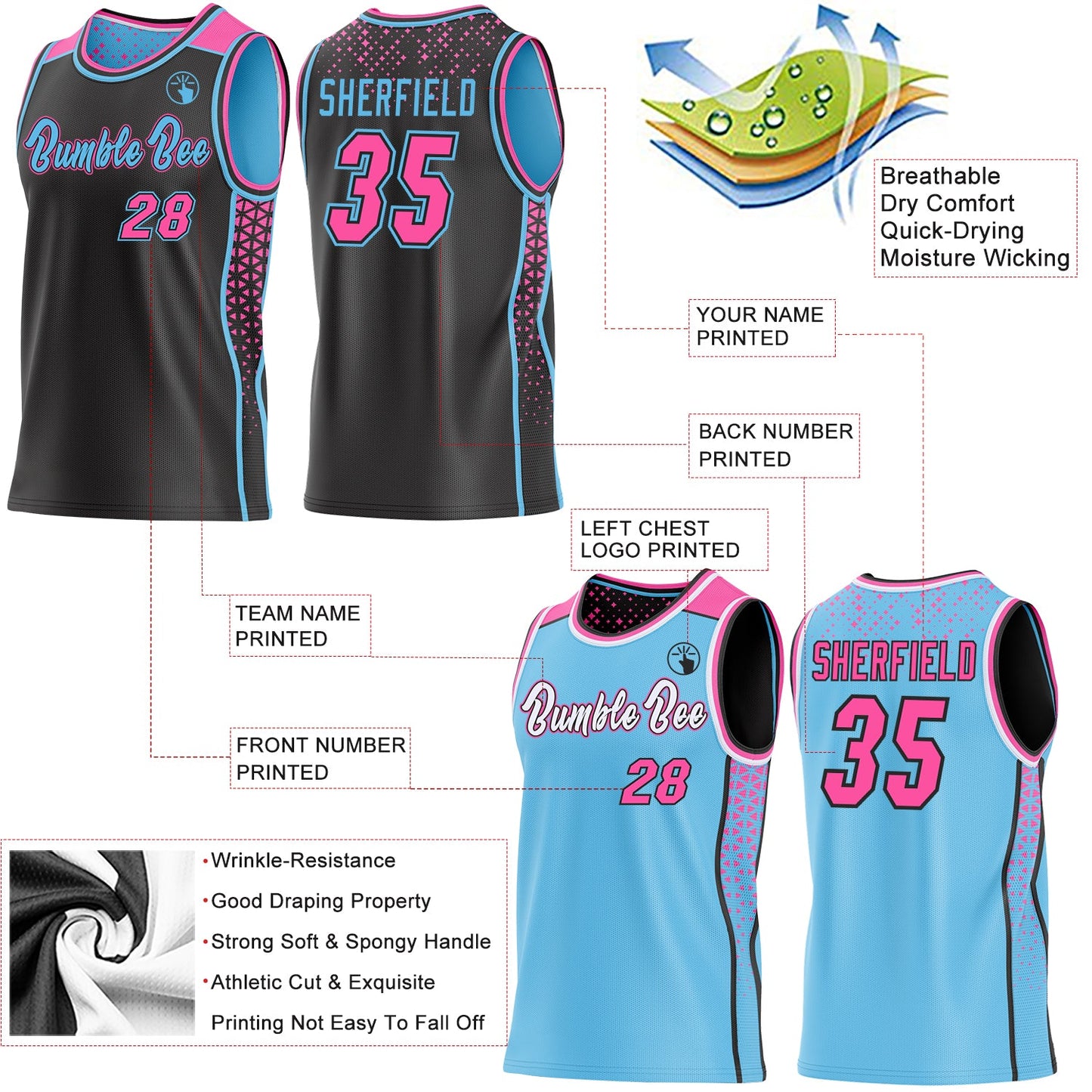 Custom Black Pink-Sky Blue Side Panel Stripe Geometric Triangle Gradient Dot Reversible Double Side Sublimation Basketball Set Jersey