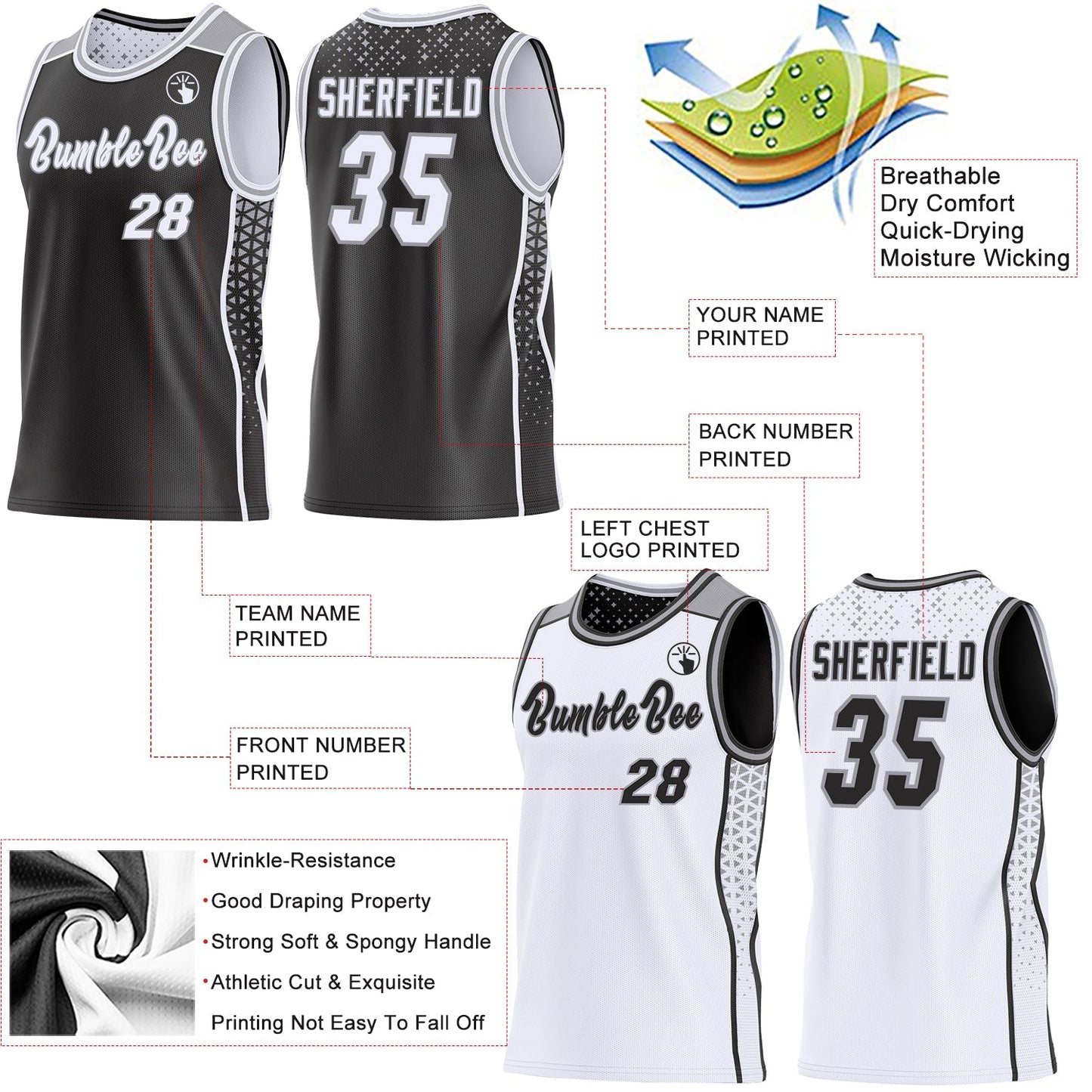 Custom Black White-Gray Side Panel Stripe Geometric Triangle Gradient Dot Reversible Double Side Sublimation Basketball Set Jersey