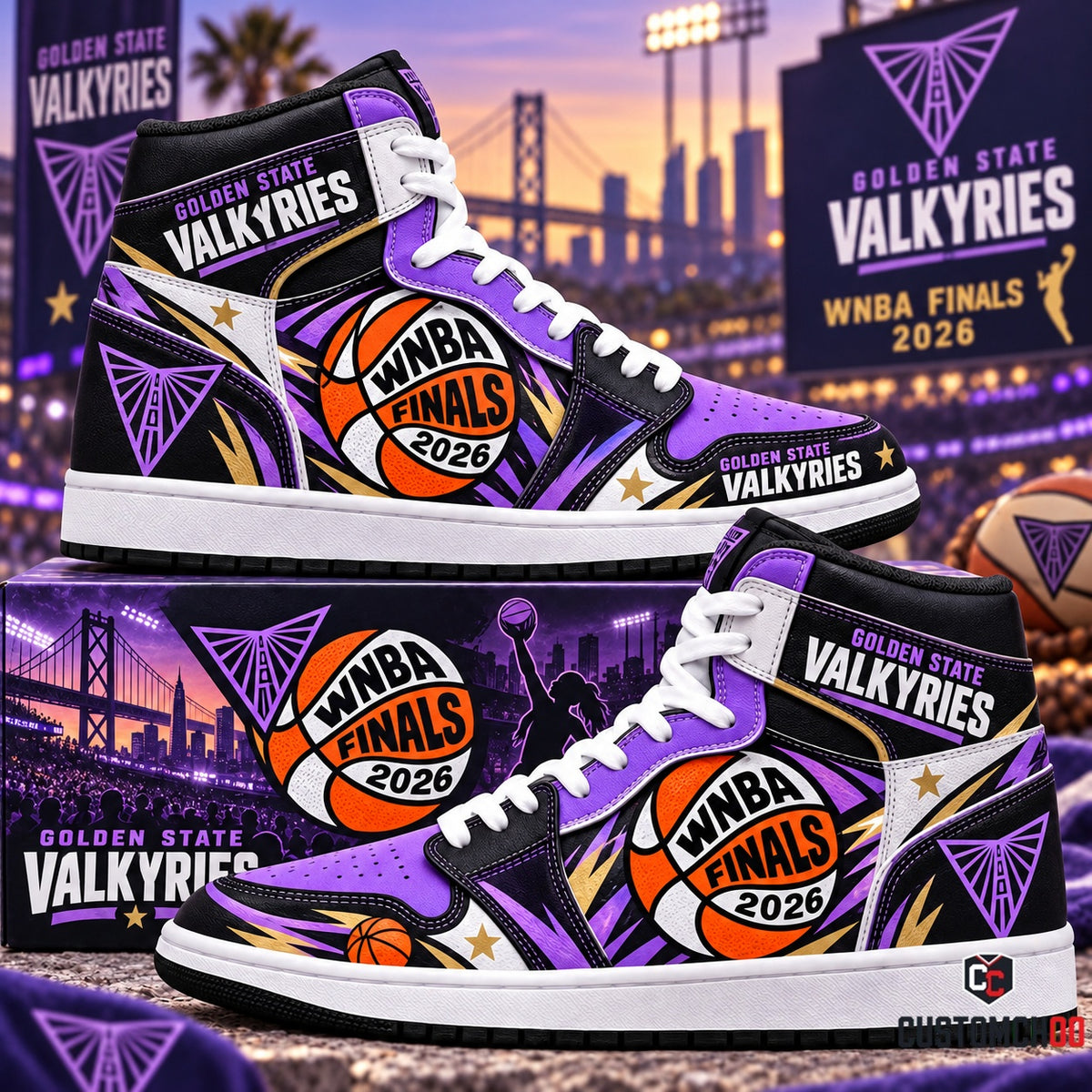 Golden State Valkyries WNBA Finals 2026 high top sneakers and matching collector box featuring Bay Bridge logo in violet and black - Style 01