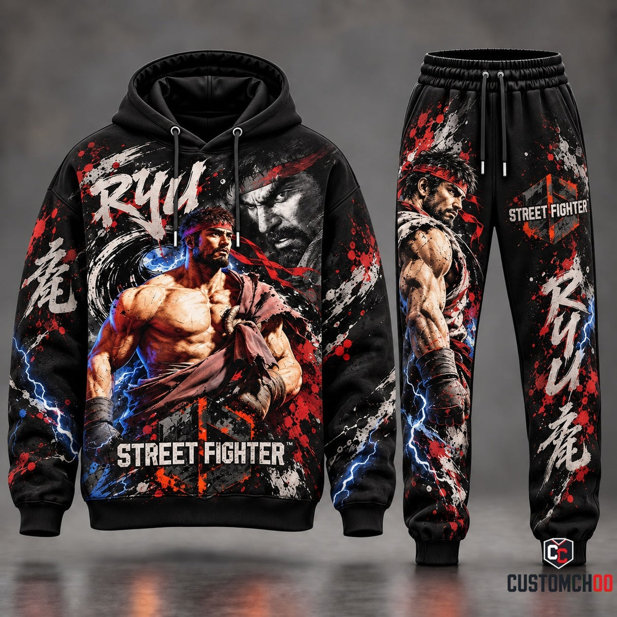 Street Fighter 6 Ryu Master Furinkazan Solo Graphic Pullover Hoodie and Joggers Tracksuit Set with Japanese Calligraphy Sumi Ink Splash and Red Belt