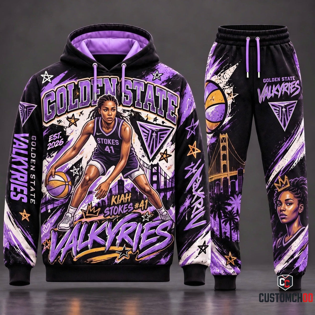 Golden State Valkyries Kiah Stokes #41 Fan Tracksuit Set with 2026 Expansion Roster Art Hoodie and Matching Sweatpants HB181026-1