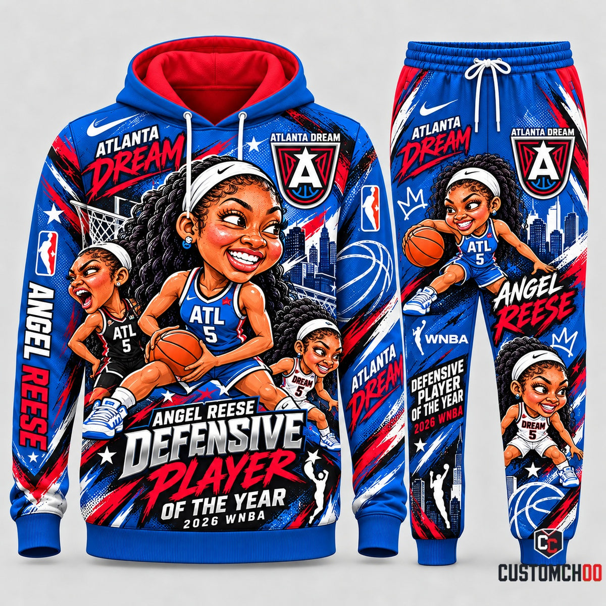 Angel Reese Atlanta Dream cute chibi graphic hoodie and sweatpants set, Style 03, blue