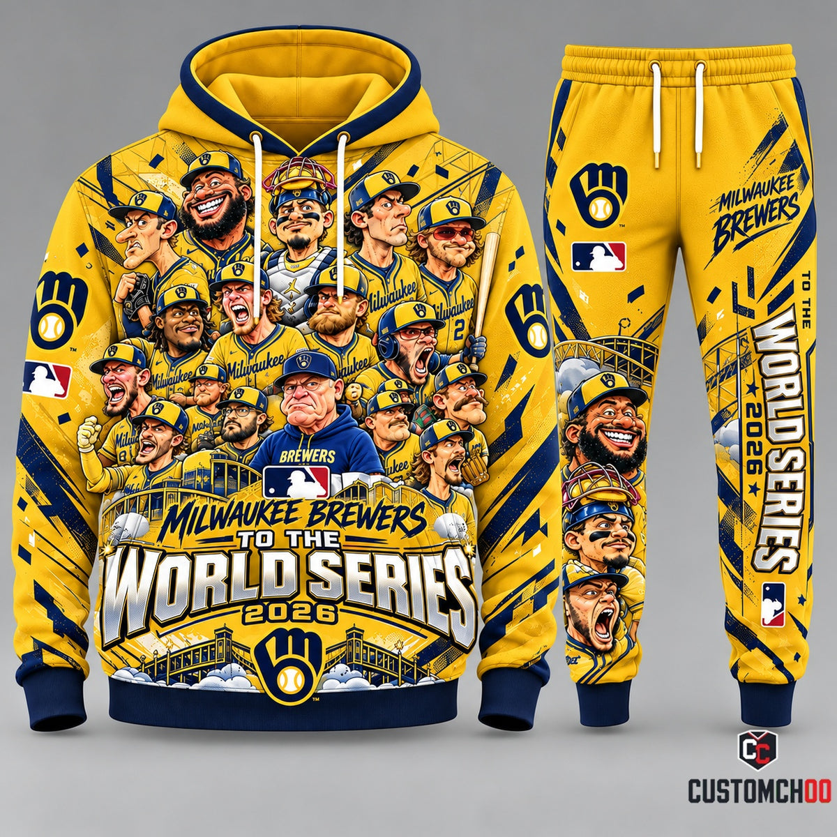 Milwaukee Brewers cartoon World Series 2026 hoodie and sweatpants set, Style 03, gold and navy