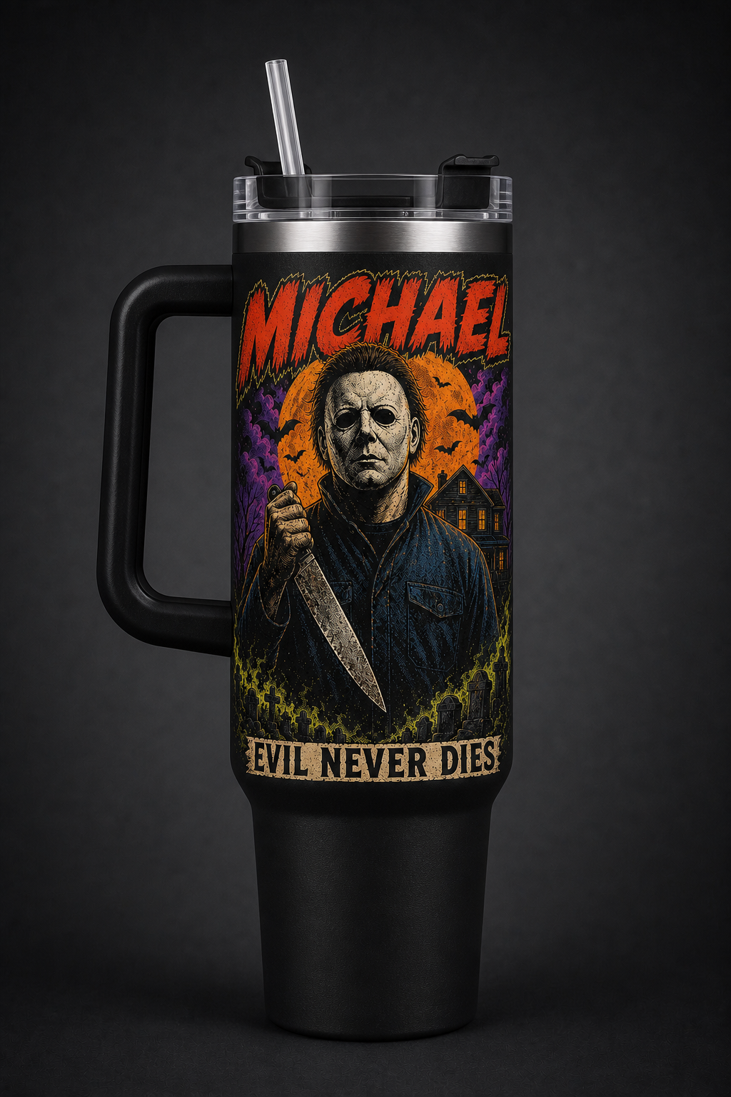 Michael Myers – Evil Never Dies black 40oz horror tumbler with handle