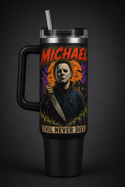 Michael Myers – Evil Never Dies black 40oz horror tumbler with handle