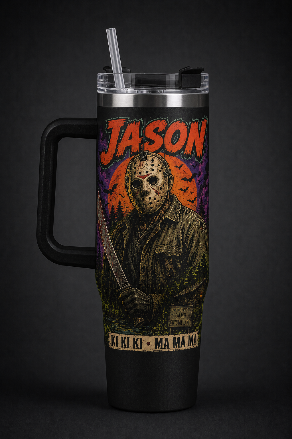 Jason Voorhees – Ki Ki Ki Ma Ma Ma black 40oz horror tumbler with handle
