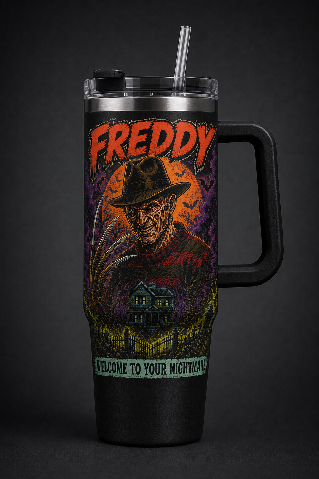 Freddy Krueger – Welcome to Your Nightmare black 40oz horror tumbler with handle