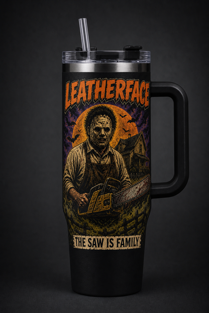 Leatherface – The Saw Is Family black 40oz horror tumbler with handle