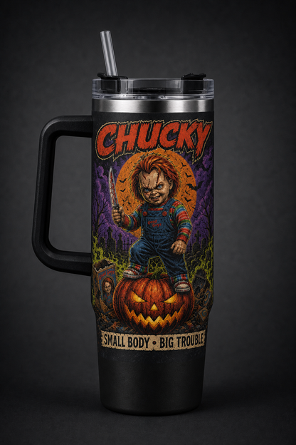 Chucky – Small Body Big Trouble black 40oz horror tumbler with handle