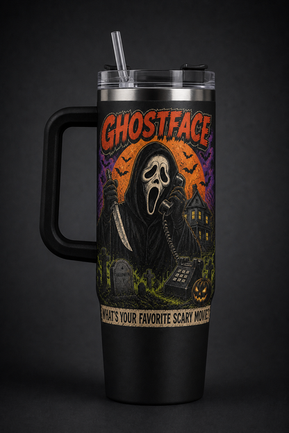 Ghostface – Favorite Scary Movie black 40oz horror tumbler with handle