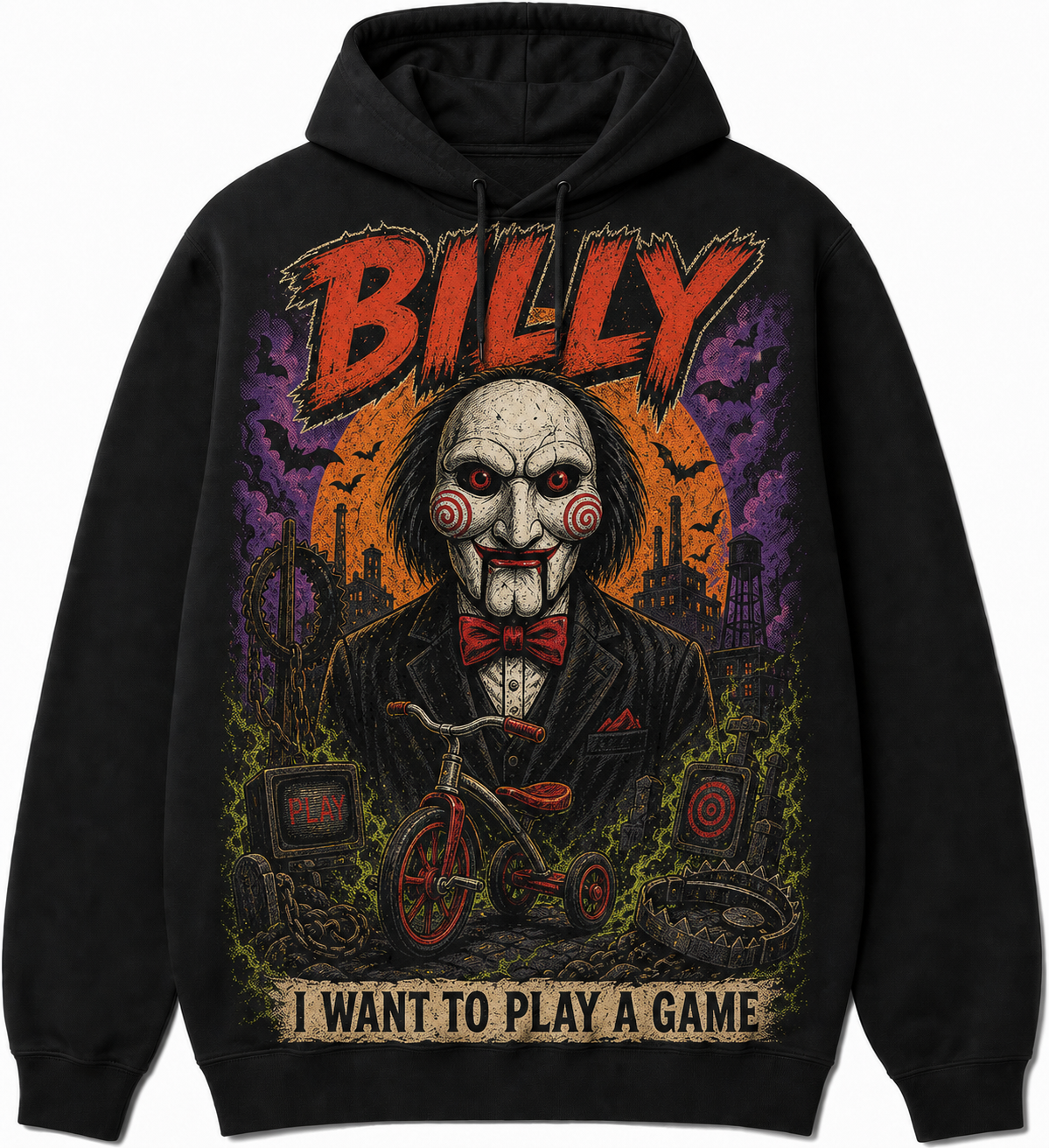 Billy the Puppet Horror Slashers Squad black comic Halloween hoodie