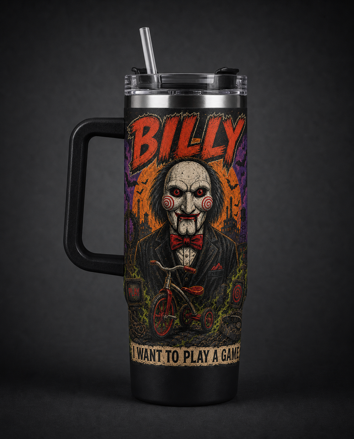 Billy the Puppet – I Want to Play a Game black 40oz horror tumbler with handle