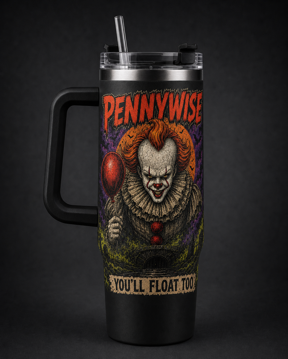 Pennywise – You'll Float Too black 40oz horror tumbler with handle