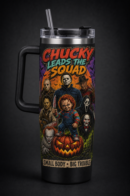 Full Horror Slashers Squad black 40oz horror tumbler with handle