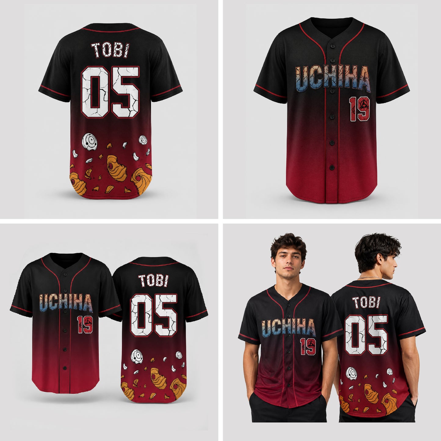 Custom Red Black Anime Baseball Jersey, Ninja Clan Inspired Personalized Shirt