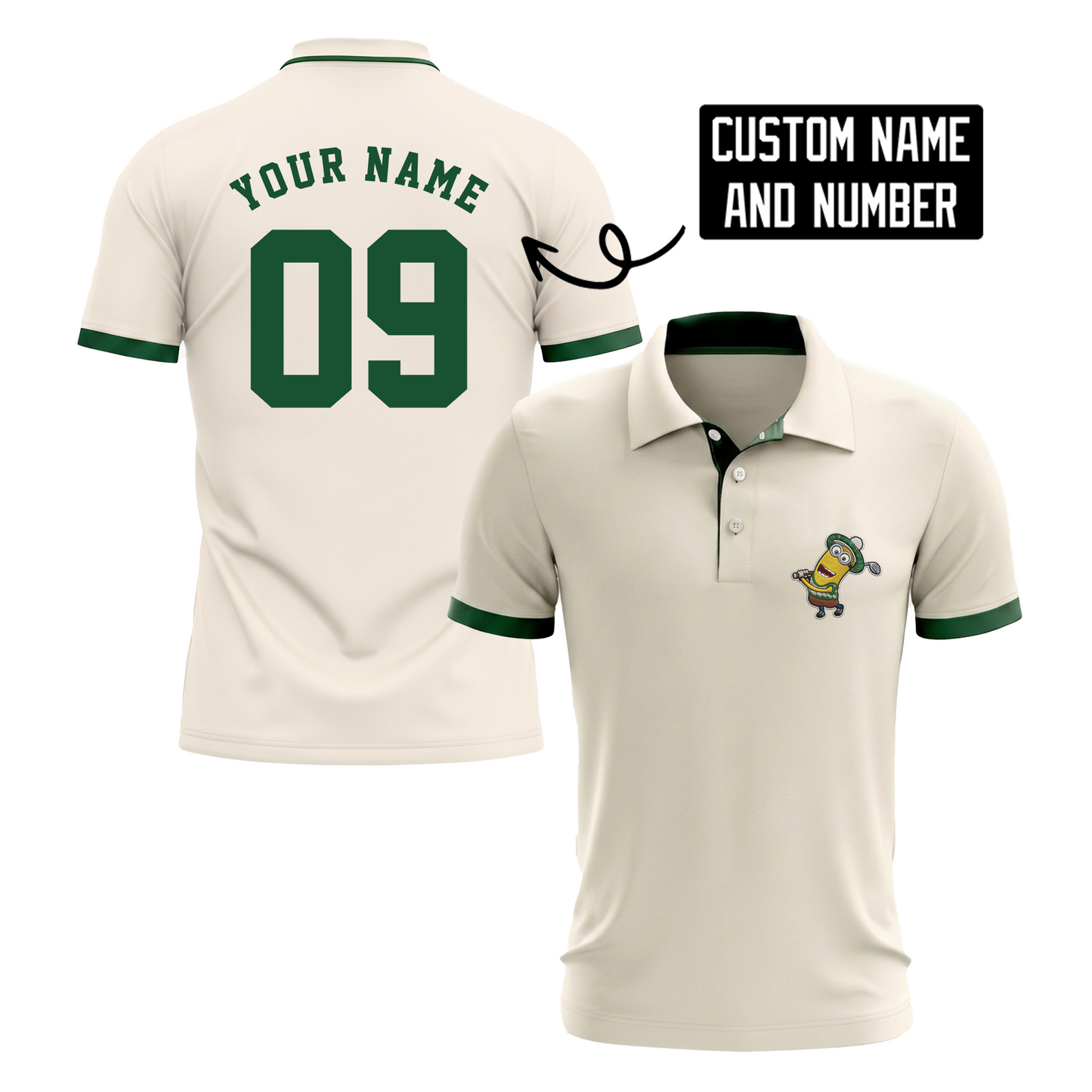 Custom Name Number Polo Shirt, Personalized Men’s Jersey Polo, Cream Green Casual Golf Shirt, Birthday Team Gift