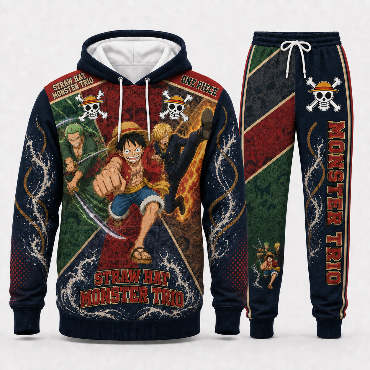 Monster Trio (Luffy, Zoro, Sanji) Hoodie & Sweatpants Tracksuit Set — One Piece Inspired - Custom Fan Apparel Image 1