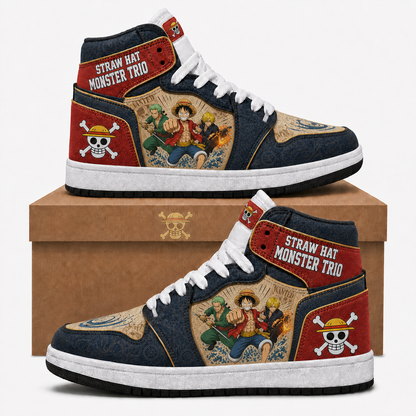 Monster Trio (Luffy, Zoro, Sanji) High Top Sneakers — One Piece Inspired Fan Shoes - Custom Fan Apparel Image 1