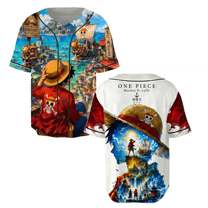 Red Blue Authentic Baseball Jersey, Anime Pirate Inspired Button Up Jersey, Manga Fan Cosplay Sports Shirt