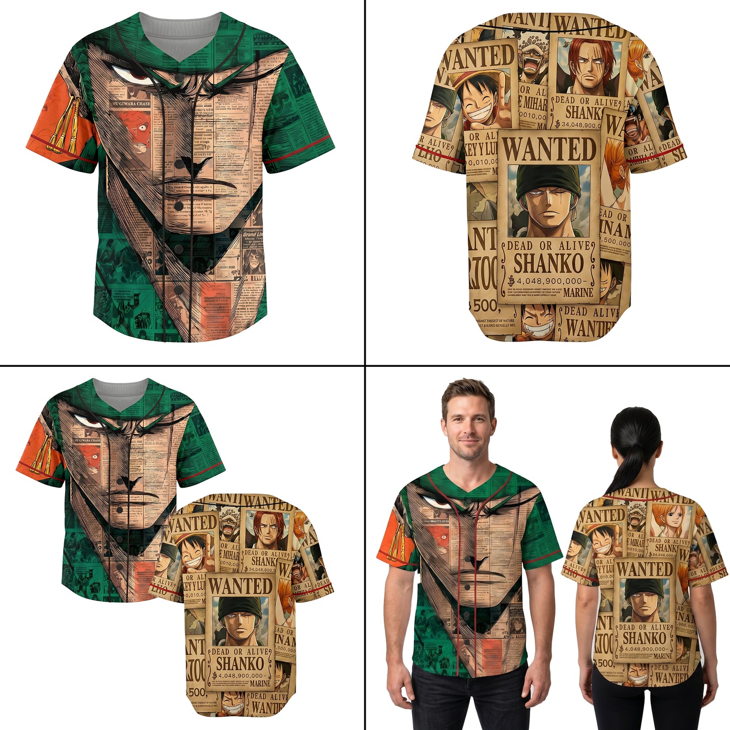 Green Beige Authentic Baseball Jersey, Anime Swordsman Inspired Button Up Jersey, Manga Fan Cosplay Sports Shirt