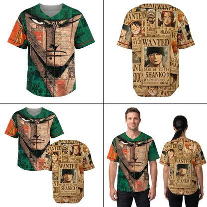 Green Beige Authentic Baseball Jersey, Anime Swordsman Inspired Button Up Jersey, Manga Fan Cosplay Sports Shirt