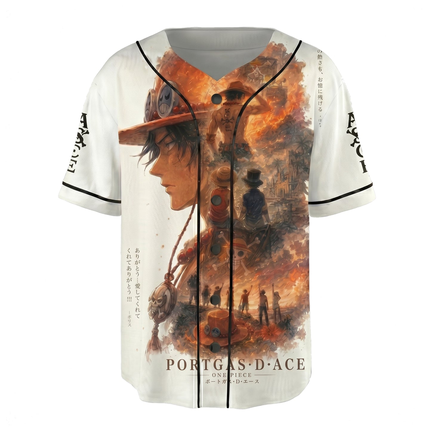 White Orange-Black Authentic Baseball Jersey, Anime Pirate Inspired Button Up Jersey, Manga Fan Cosplay Sports Shirt