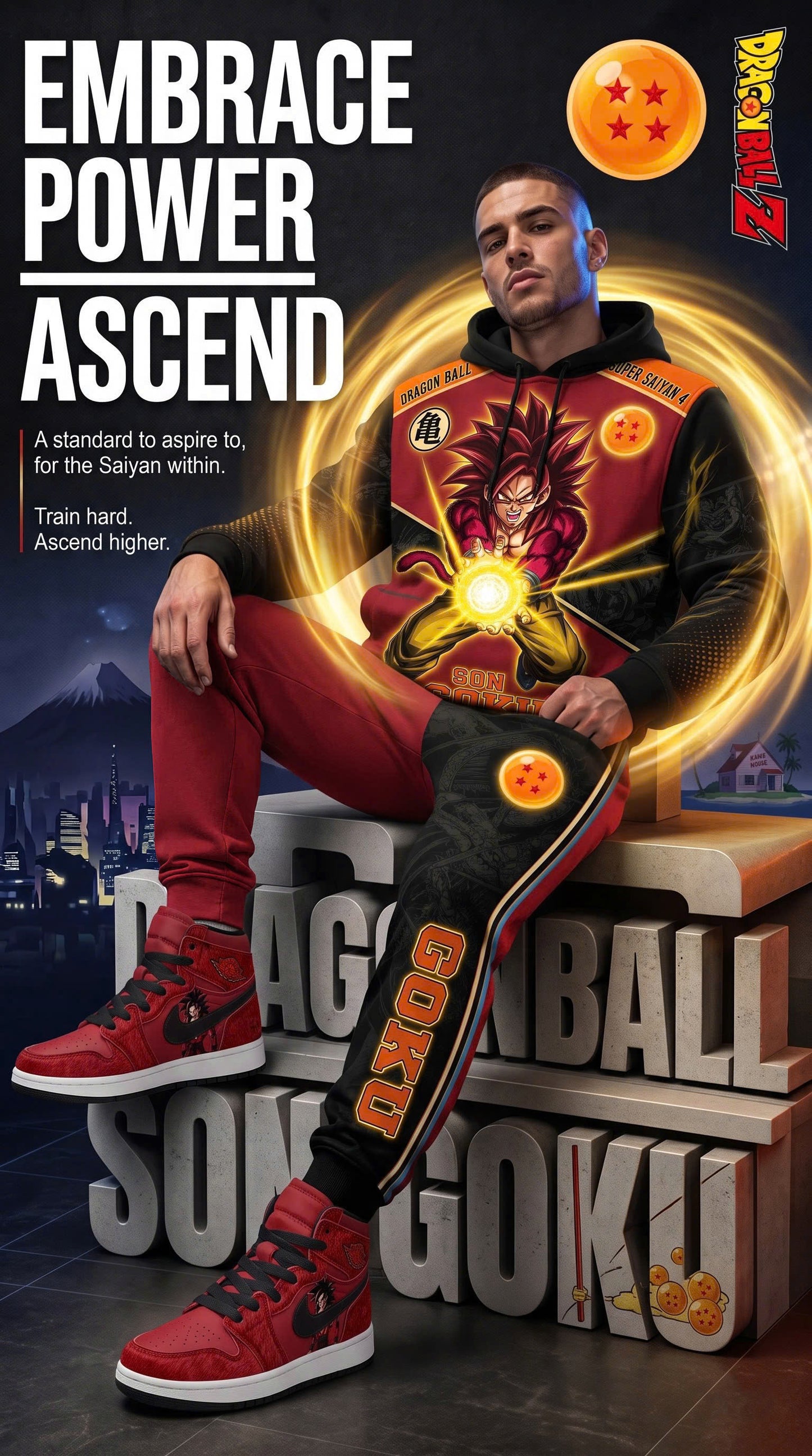 Super Saiyan 4 Son Goku Outfit Set — Hoodie, Jogger Pants & High-Top Sneakers | Red Dragon Anime Streetwear Set
