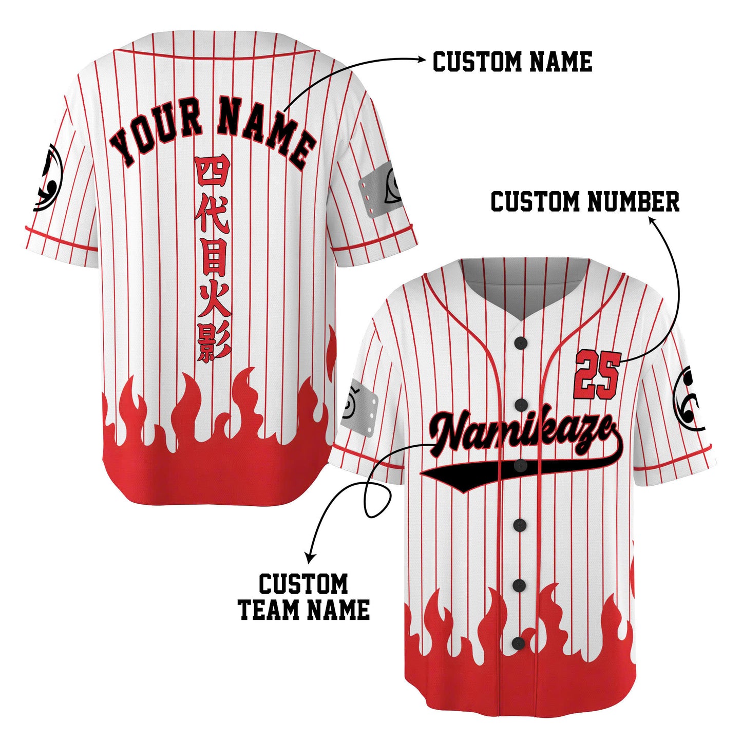 Custom White Red-Black Authentic Baseball Jersey, Anime Ninja Inspired Button Up Jersey, Manga Fan Cosplay Sports Shirt