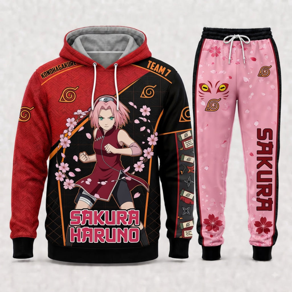 Haruno Sakura Hoodie & Sweatpants Tracksuit Set — Naruto Shippuden Inspired - Custom Fan Apparel Image 1