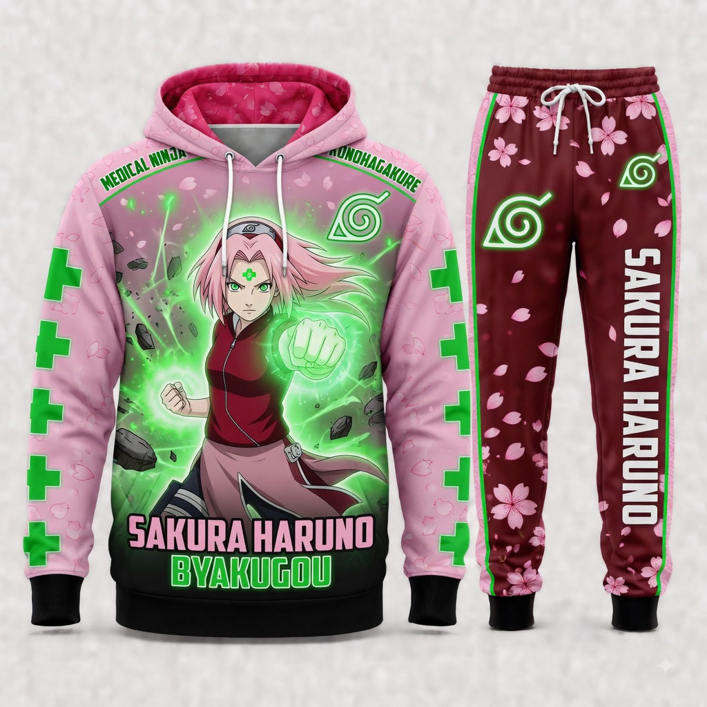 Haruno Sakura Hoodie & Sweatpants Tracksuit Set — Naruto Shippuden Inspired - Custom Fan Apparel Image 2