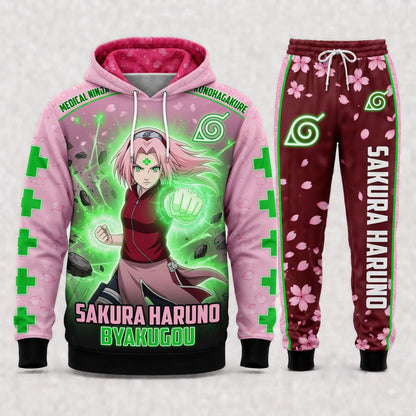 Haruno Sakura Hoodie & Sweatpants Tracksuit Set — Naruto Shippuden Inspired - Custom Fan Apparel Image 2