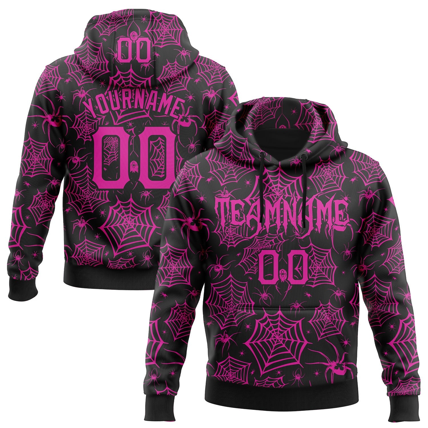 Custom Black Deep Pink 3D Halloween Spider Net Doodle Party Costume Ideas Sports Pullover Sweatshirt Hoodie
