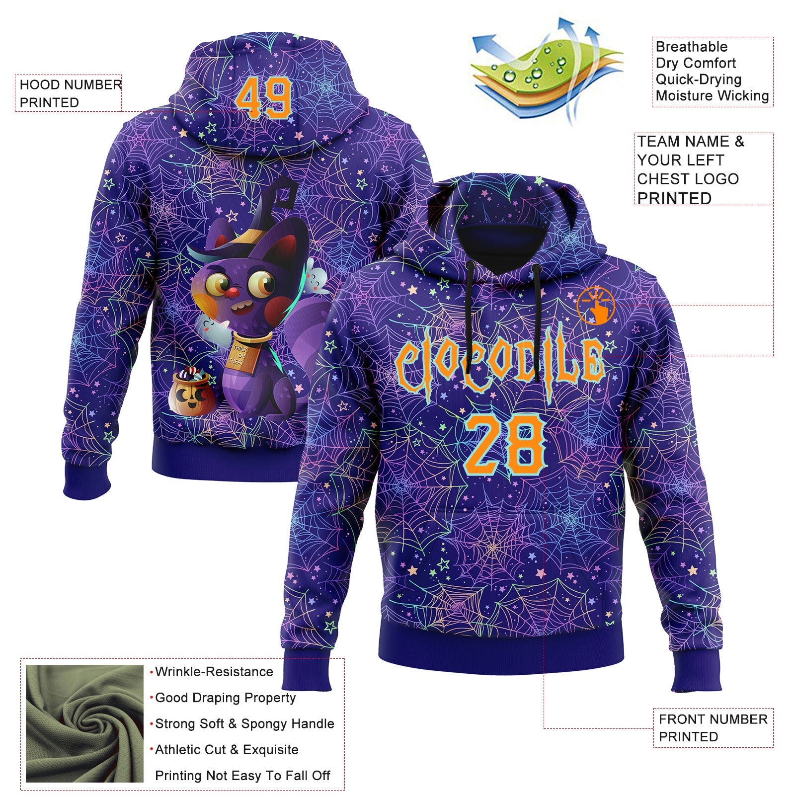 Custom Dark Purple Bay Orange-Ice Blue 3D Halloween Spider Net Horror Night Trick Treat Party Costume Ideas Sports Pullover Sweatshirt Hoodie