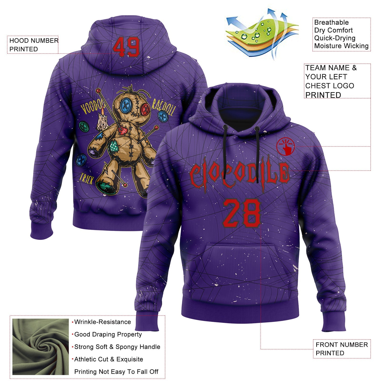 Custom Purple Red-Black 3D Halloween Spider Net Horror Night Trick Treat Party Costume Ideas Sports Pullover Sweatshirt Hoodie