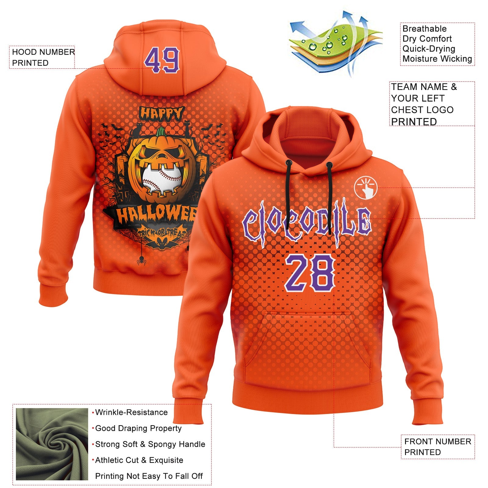 Custom Purple Orange-White 3D Halloween Pumpkin Doodle Party Costume Ideas Sports Pullover Sweatshirt Hoodie