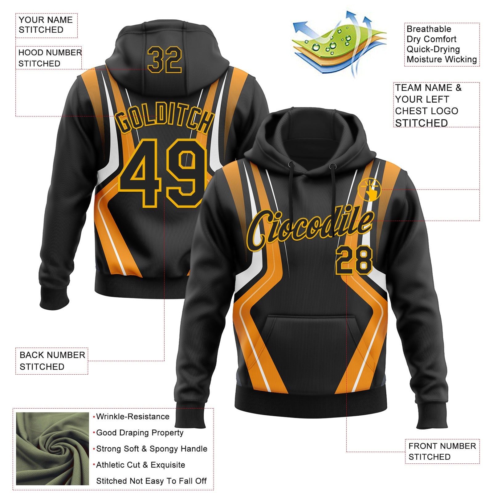 Custom Stitched Black Orange White-Gold 3D Pattern Design Sportswear Pullover Sweatshirt Hoodie