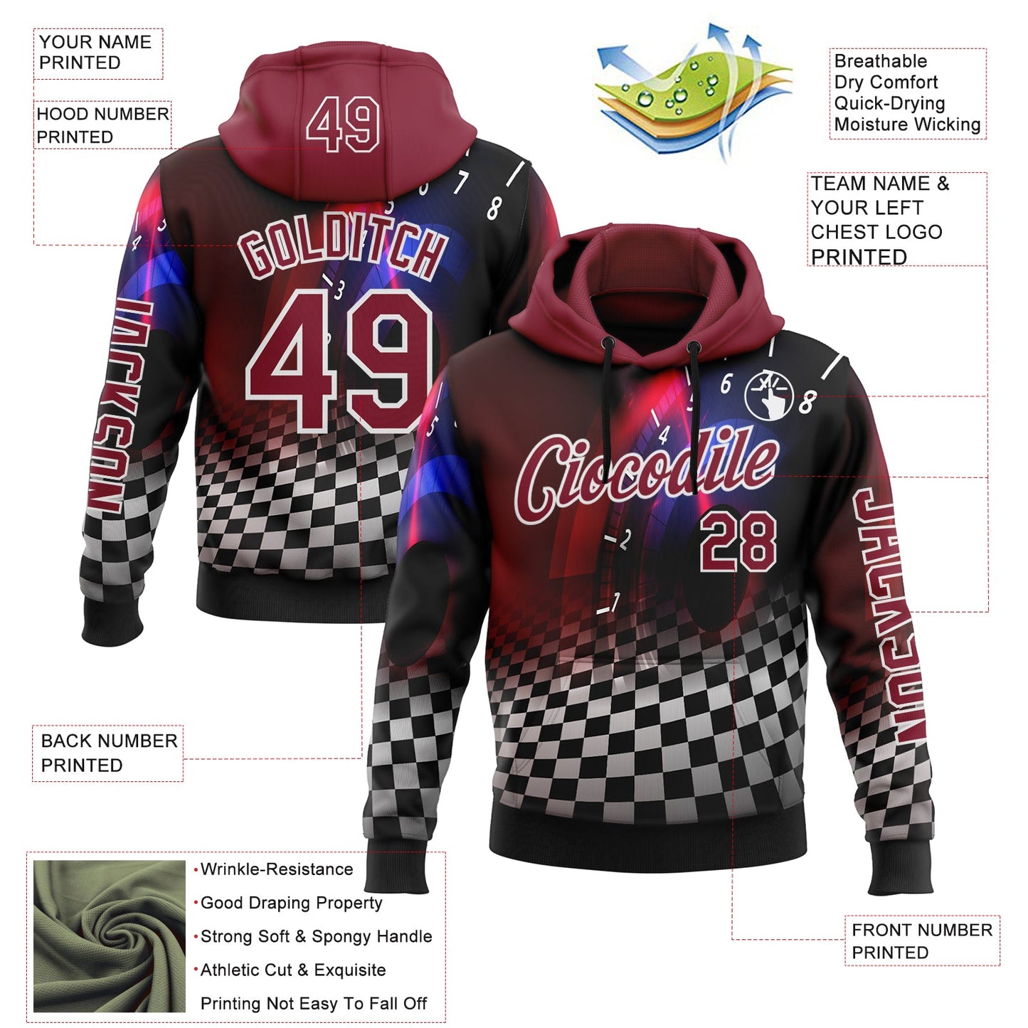 Custom Black Crimson-White 3D Pattern Design Formula Auto Car Racing Motorsport Sports Pullover Sweatshirt Hoodie