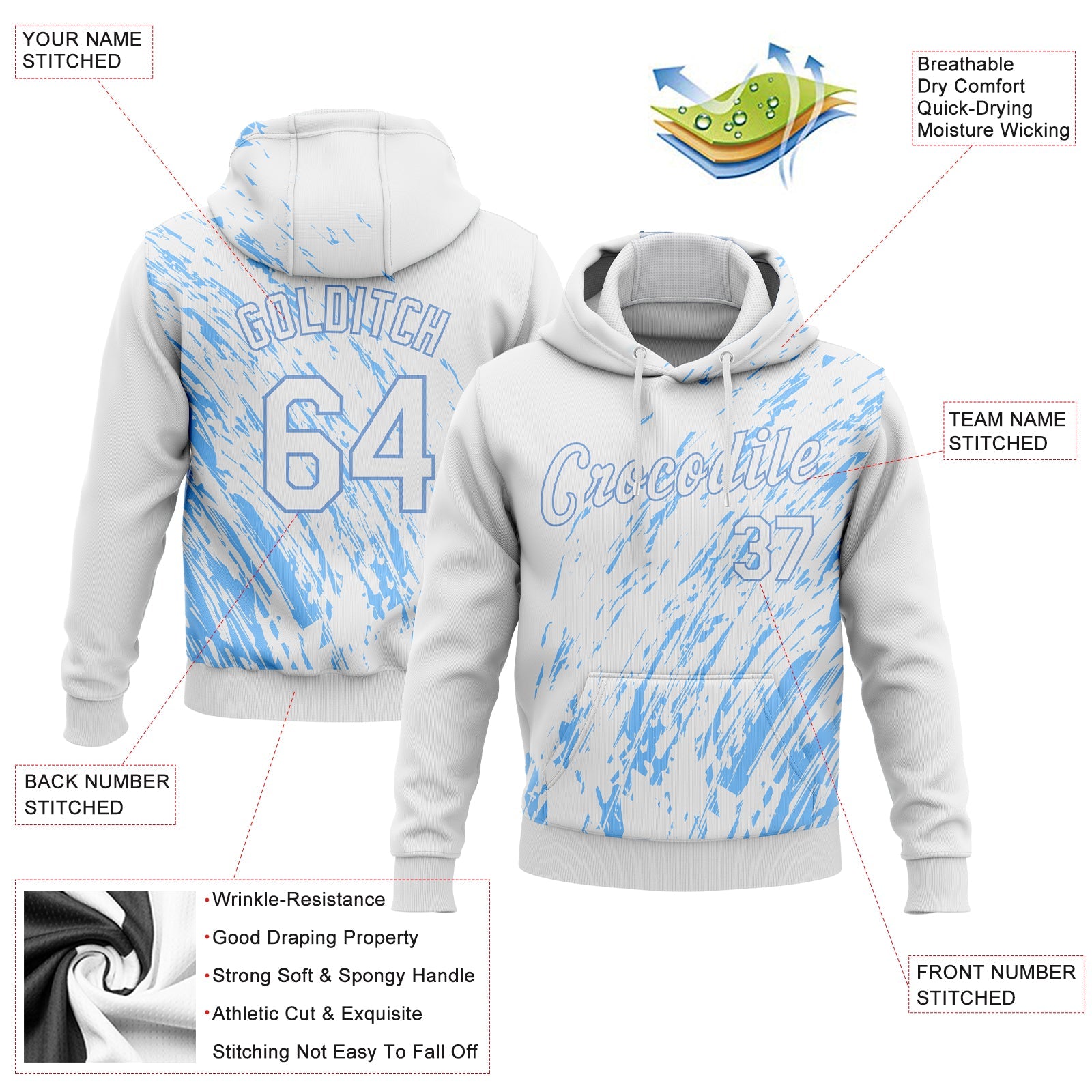 Custom Stitched White White-Light Blue 3D Pattern Design Sports Pullover Sweatshirt Hoodie