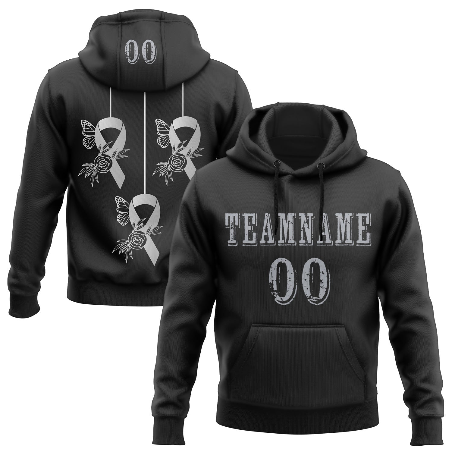 Custom Black Gray 3D Brain Cancer World Cancer Day Ribbon Support Sports Pullover Sweatshirt Hoodie