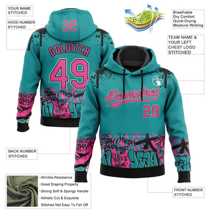 Custom Stitched Teal Pink Black-White 3D Graffiti Splash Street Art Sports Pullover Sweatshirt Hoodie