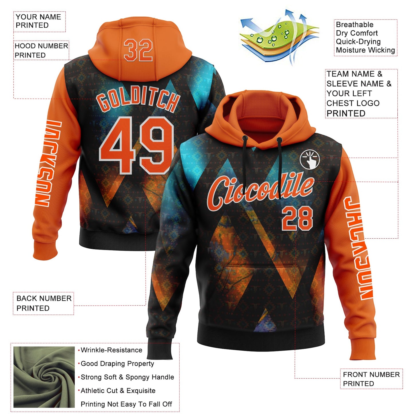 Custom Black Orange-White 3D Pattern Design Ethnic Tribal Sportswear Pullover Sweatshirt Hoodie