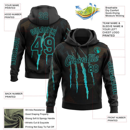 Custom Black Aqua 3D Pattern Design Scratch Tribal Sportswear Pullover Sweatshirt Hoodie