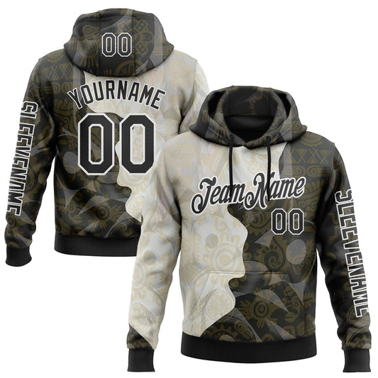 Custom Black Cream-White 3D Pattern Design Ethnic Tribal Sportswear Pullover Sweatshirt Hoodie