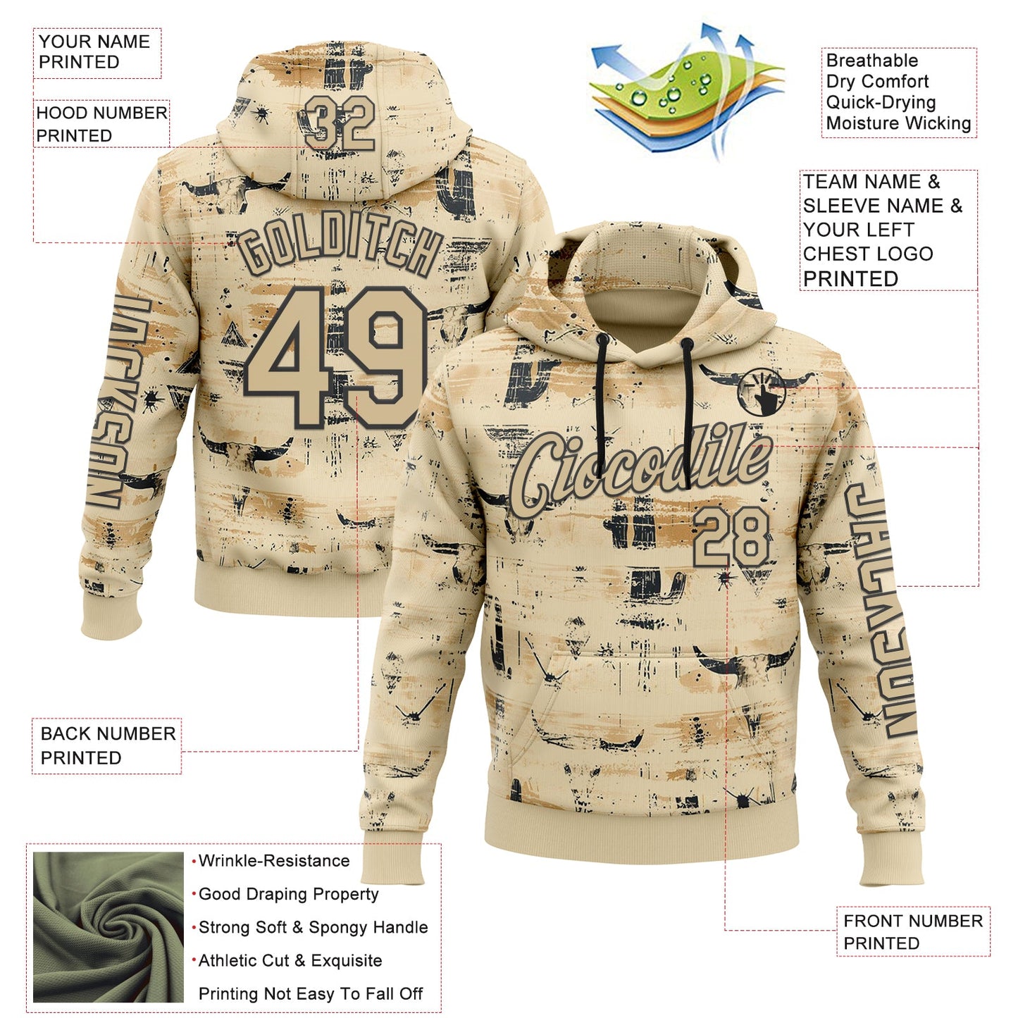 Custom Cream Vegas Gold-Black 3D Pattern Design Western Cowboy Tribal Ethnic Sports Pullover Sweatshirt Hoodie
